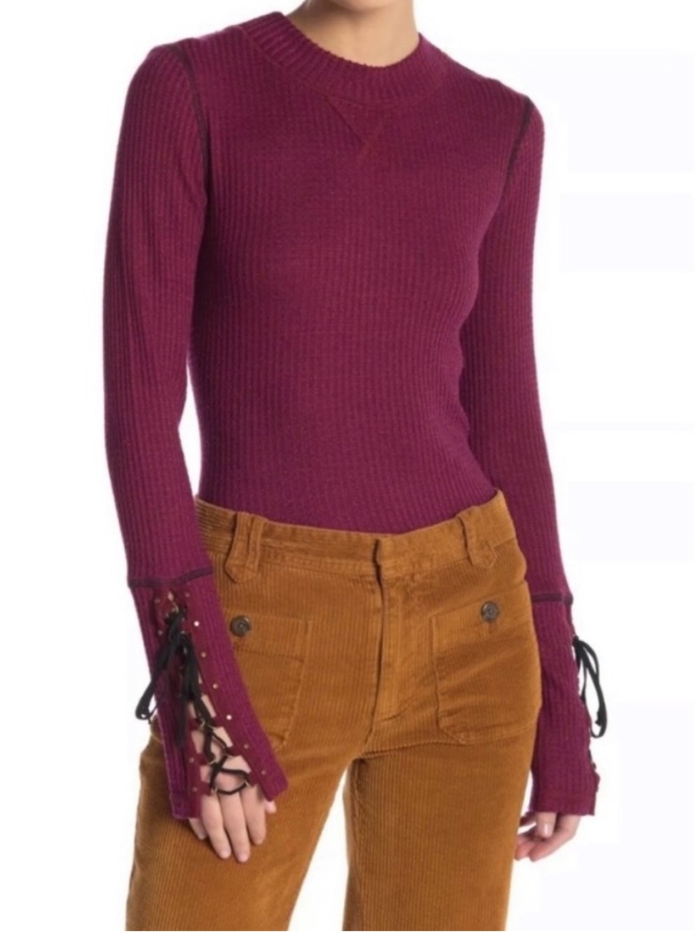 Free People Wine Lace-Up Grommet Cuff Long Sleeve Blouse - Size S NWT